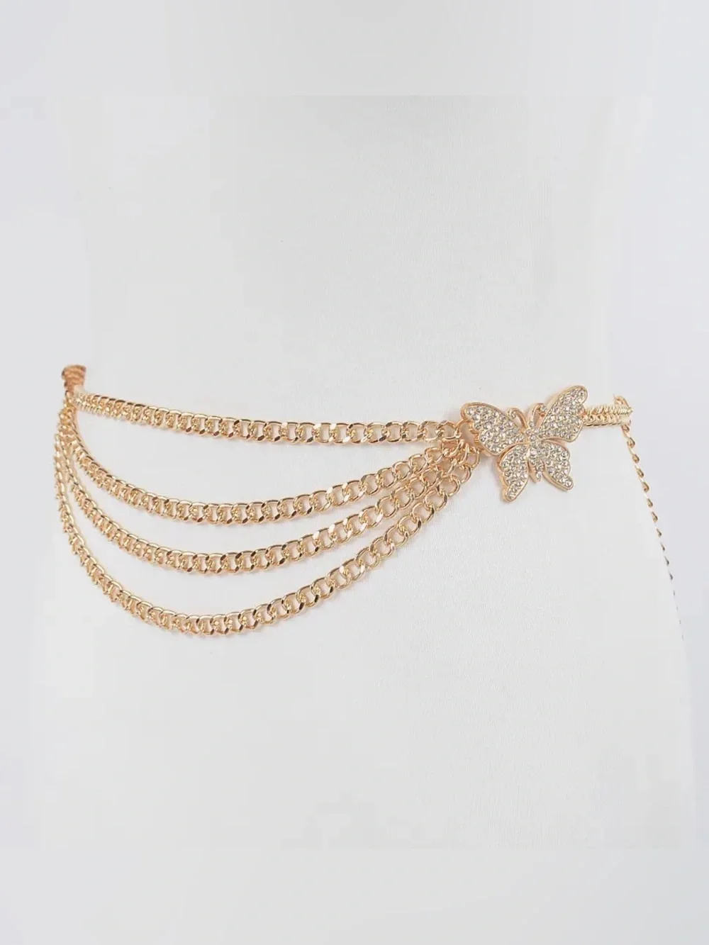 Gold Crystal Butterfly Buckle Layered Chain Belt
